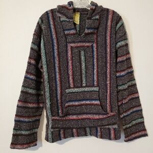 Franks Textiles Baja Hoodie Mens XL Gray Striped Rug Mexn  Blanket Surf Pullover